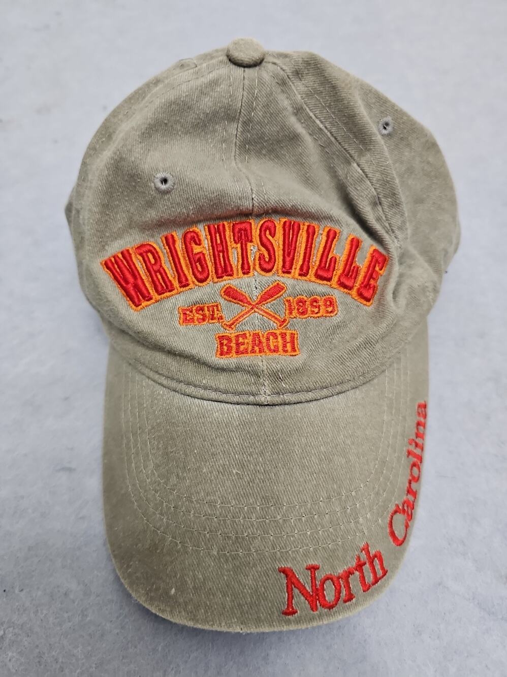 Wrightsville Beach, NC Embroidered Logo Gray Beige Baseball Cap Adjustable OSFA